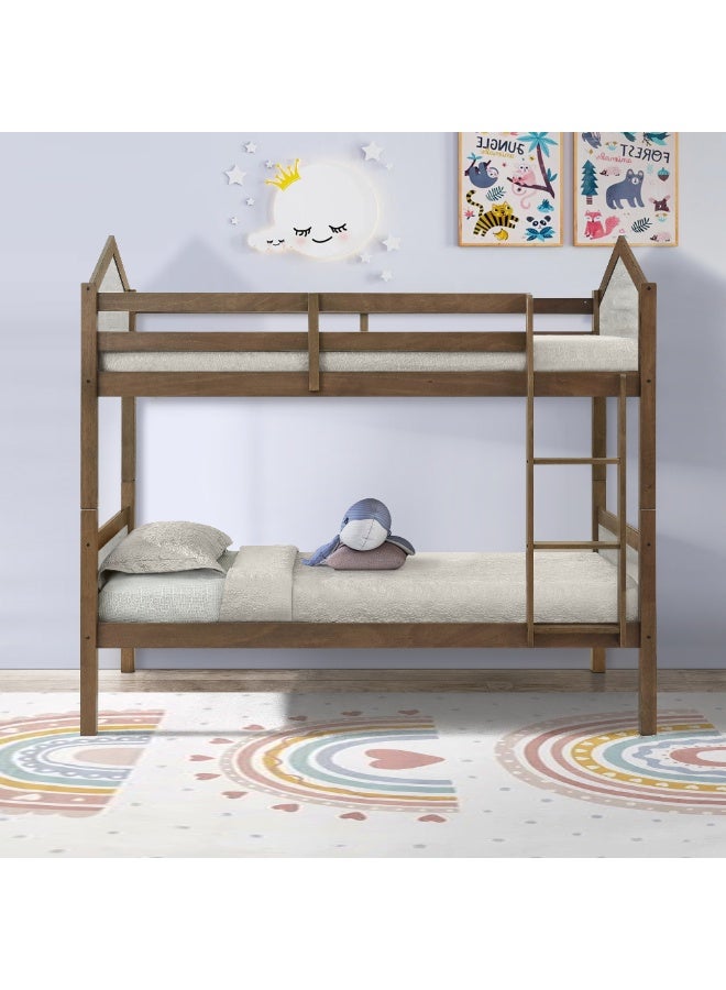 اي اف تي سرير بطابقين قابل للفصل مصنوع من الخشب الصلب، بإطار على طراز المنزل، بلون بني طبيعي من خشب البلوط مع مزيج من اللونين البني والأبيض، سرير قابل للتحويل من سرير مفرد فوق سرير مفرد للأطفال وكبار السن والضيوف - Image 2